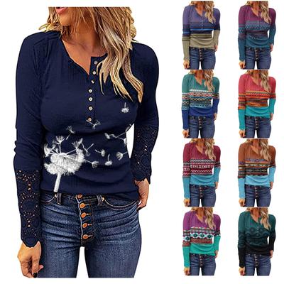 Ladies O Neck Casual Lace Stitching Sleeve Casual Comfortable Loose Print T-Shirt Top