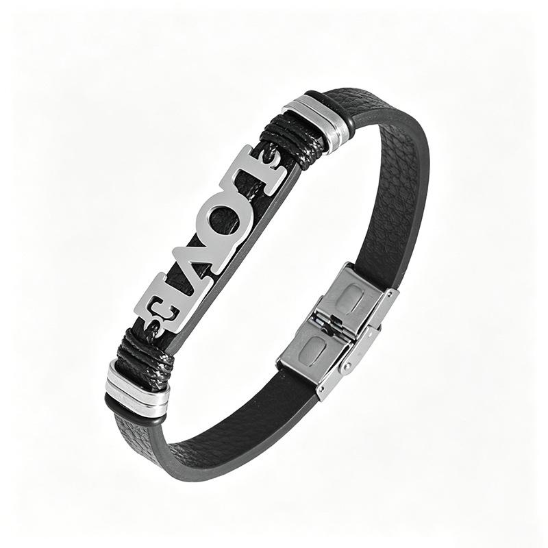 Trendiges Schwarzes Lederarmband mit englischem Buchstaben-Design für Herren - Vielseitiger Europäischer und Amerikanischer Nischenschmuck 7.5 inches black