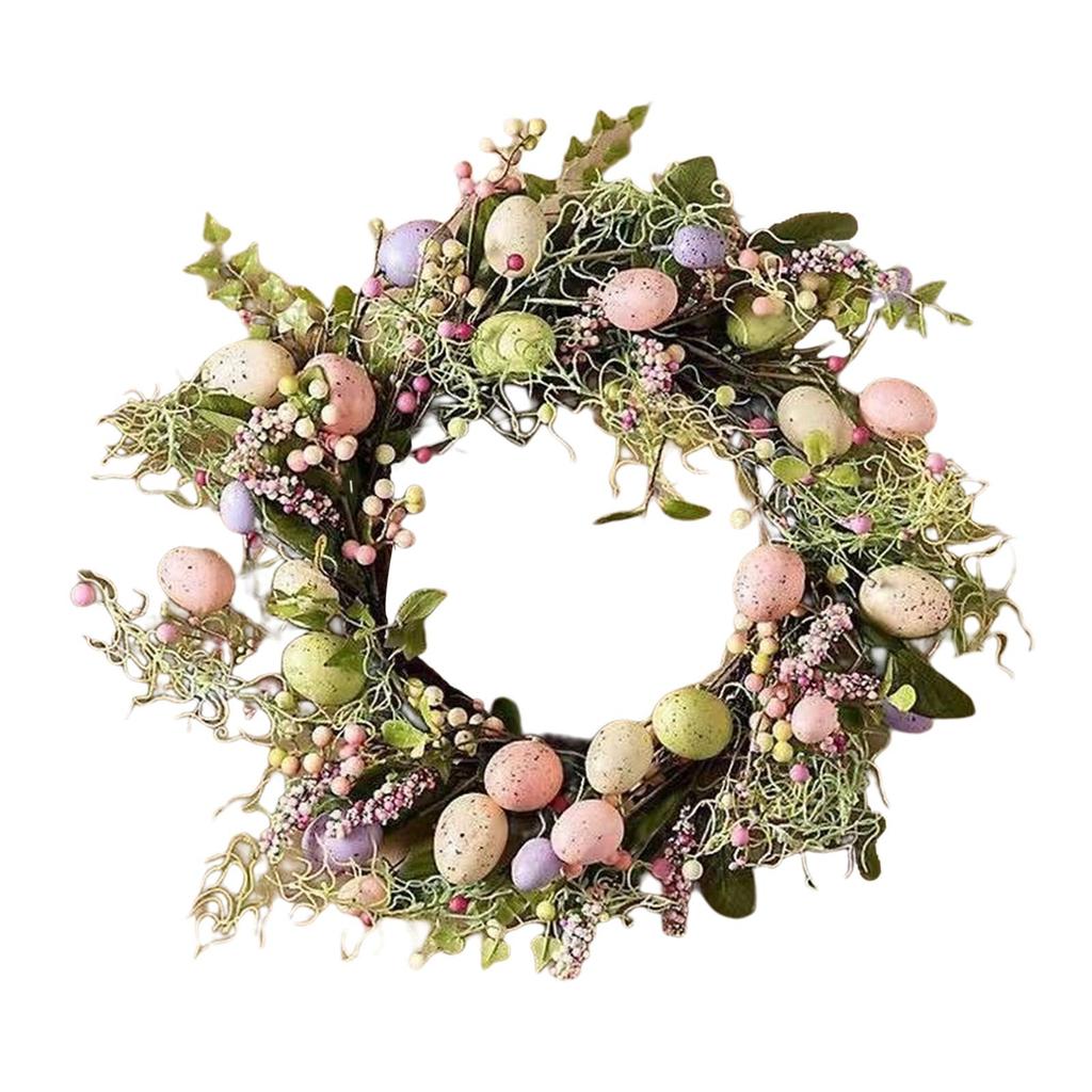 Easter Wreath with Pastel Eggs Front Door Wall Hanging Artificial Green Leaves Garland for Party Holiday Home Garden Decoration
