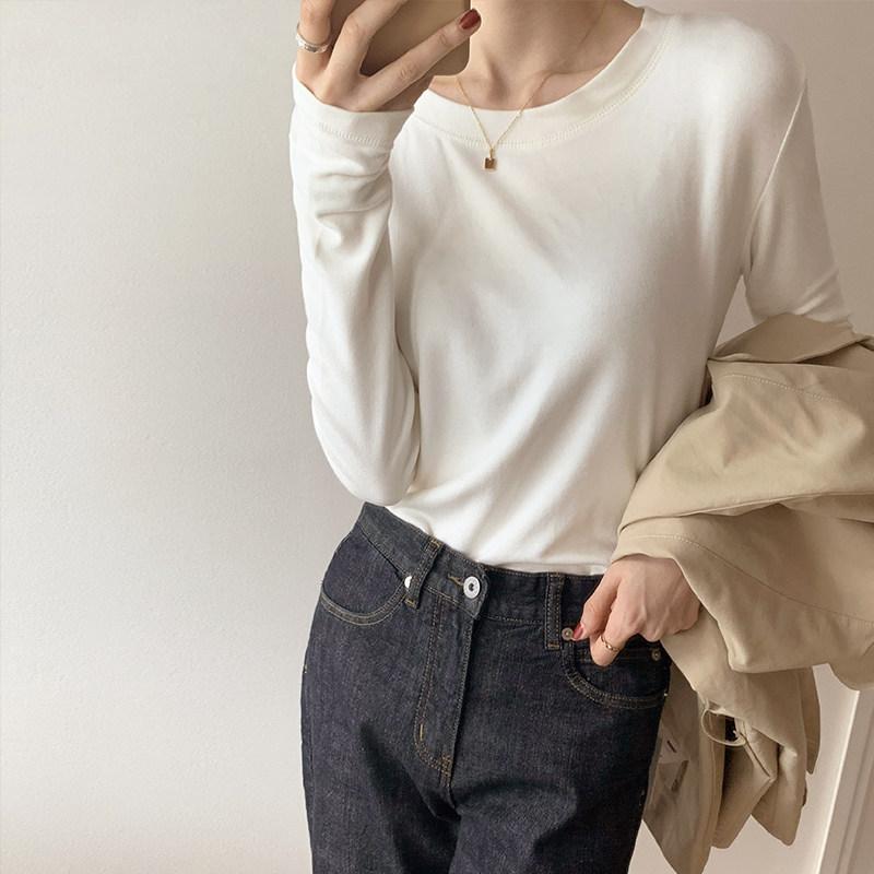 Camiseta Básica de Gola Redonda Feminina Primavera, Outono e Inverno Nova Top Casual Slim-fit com Lã Espessada de Manga Comprida