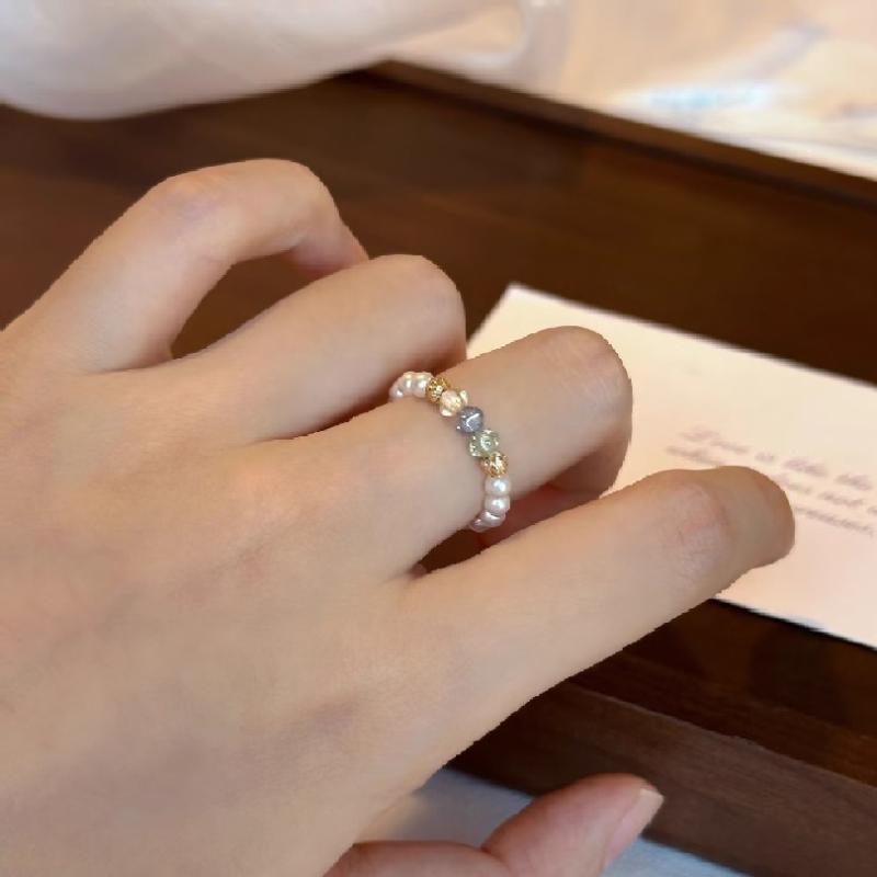 Fashion String Style Imitation Pearl Colored Inlaid Zircon Bracelet Ring, Elegant Temperament for Women, Holiday Accessory Gift