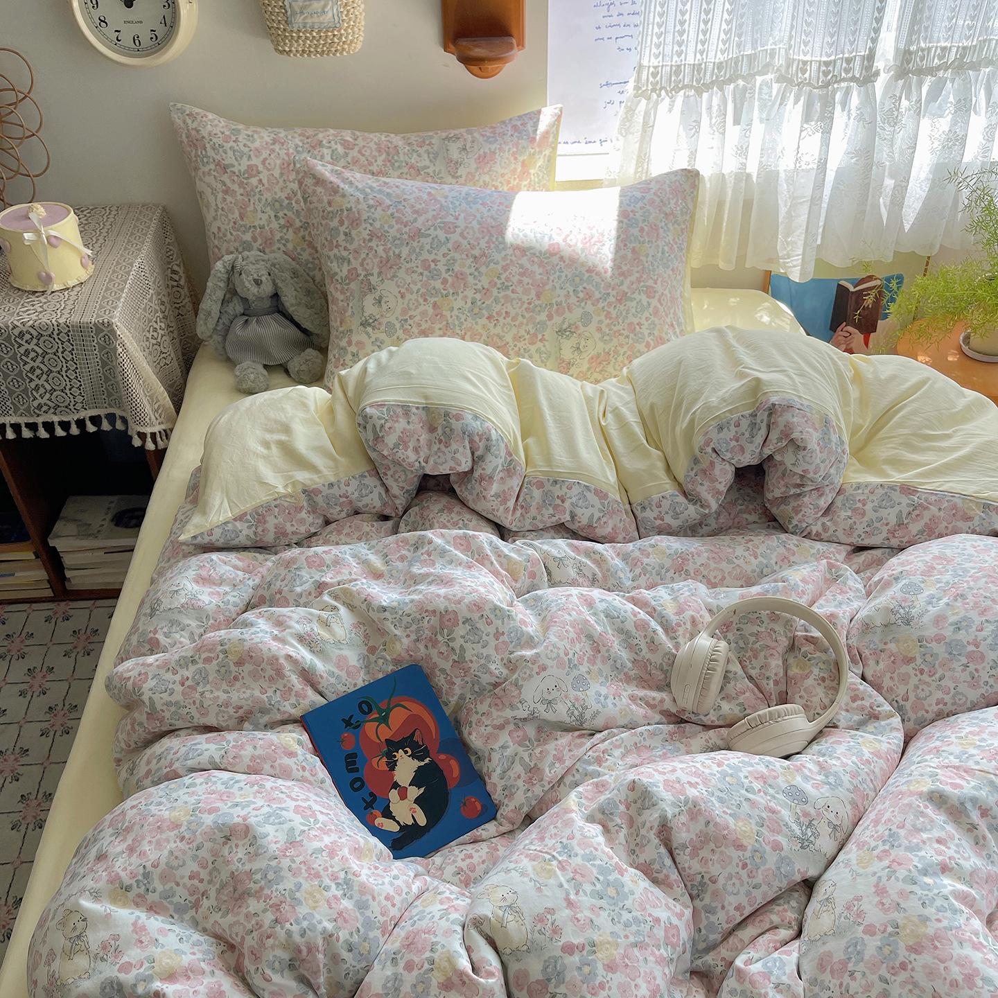 

Class A Mother and Baby Grade Pure Washed Cotton Four-piece Set Ins Small Fresh Bed Sheet Quilt Cover Student Dormitory Style Bedding Set 1.2m three-piece set