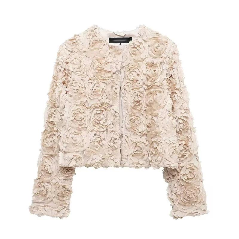 Street Short 3d Flower Lace Jacket Women Chic O-neck Long Sleeve Zipper Female Coats Autumn Lady All-match Outwears