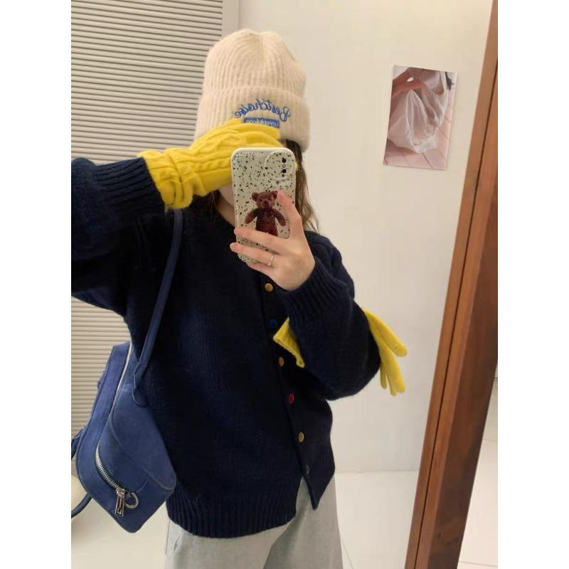 

Осень и зима новый трикотажный кардиган дизайнерский круглый вырез длинный рукав толстый однотонный короткий универсальный свитер куртка женская average size темно-синий