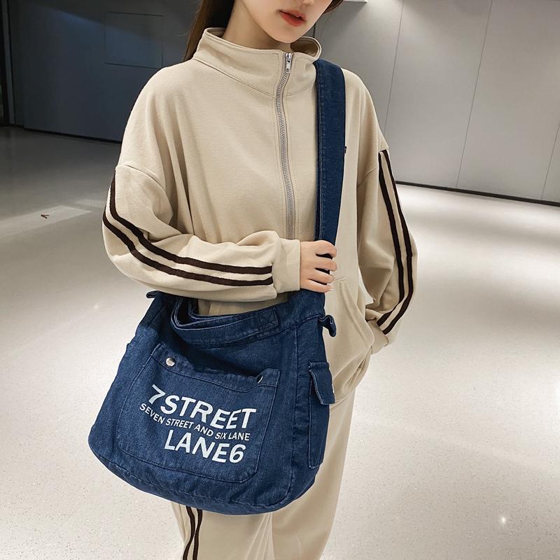 Large Capacity Denim Crossbody Bag Women's Letter Tote Bag Student Shoulder Bag