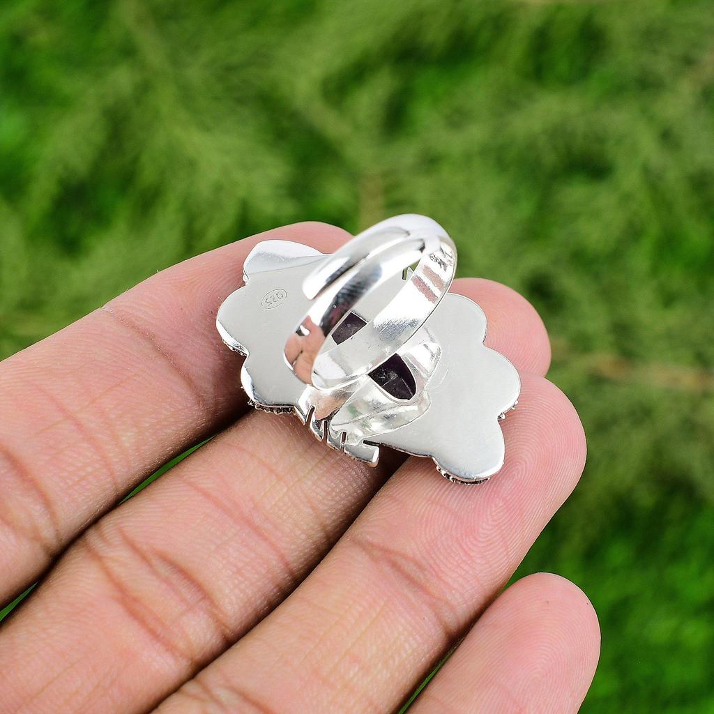 Natural Chevron Amethyst Promise Flower Adjustable Ring 925 Silver For Girls