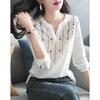 Ladies Slim Business Long Sleeve Pullover Ethnic Style Embroidery Slim V-Neck Shirt