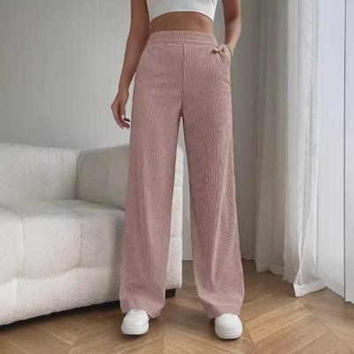 Women's Summer Pants Elastic High Waist Wide-Leg Trousers Loose Striped Straight Pants with Pockets