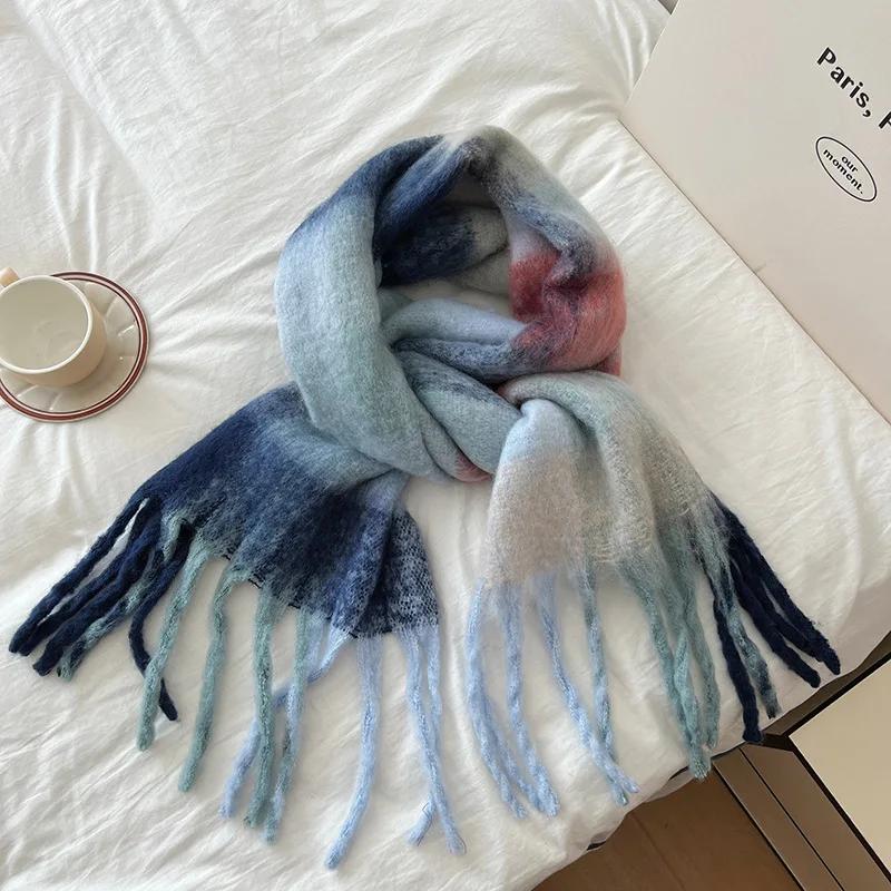 New Fashion Design Muffler Female Fairy Powder Gradual Change Tassel Mohair Scarf Women Winter Thermal Imitation Cashmere Scarf