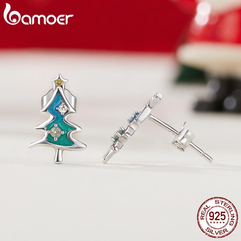 BAMOER 925 Sterling Silver Christmas Tree Stud Earring Lovely Earring For Women Enamel Process Cubic Zirconia Fine Jewelry Gift