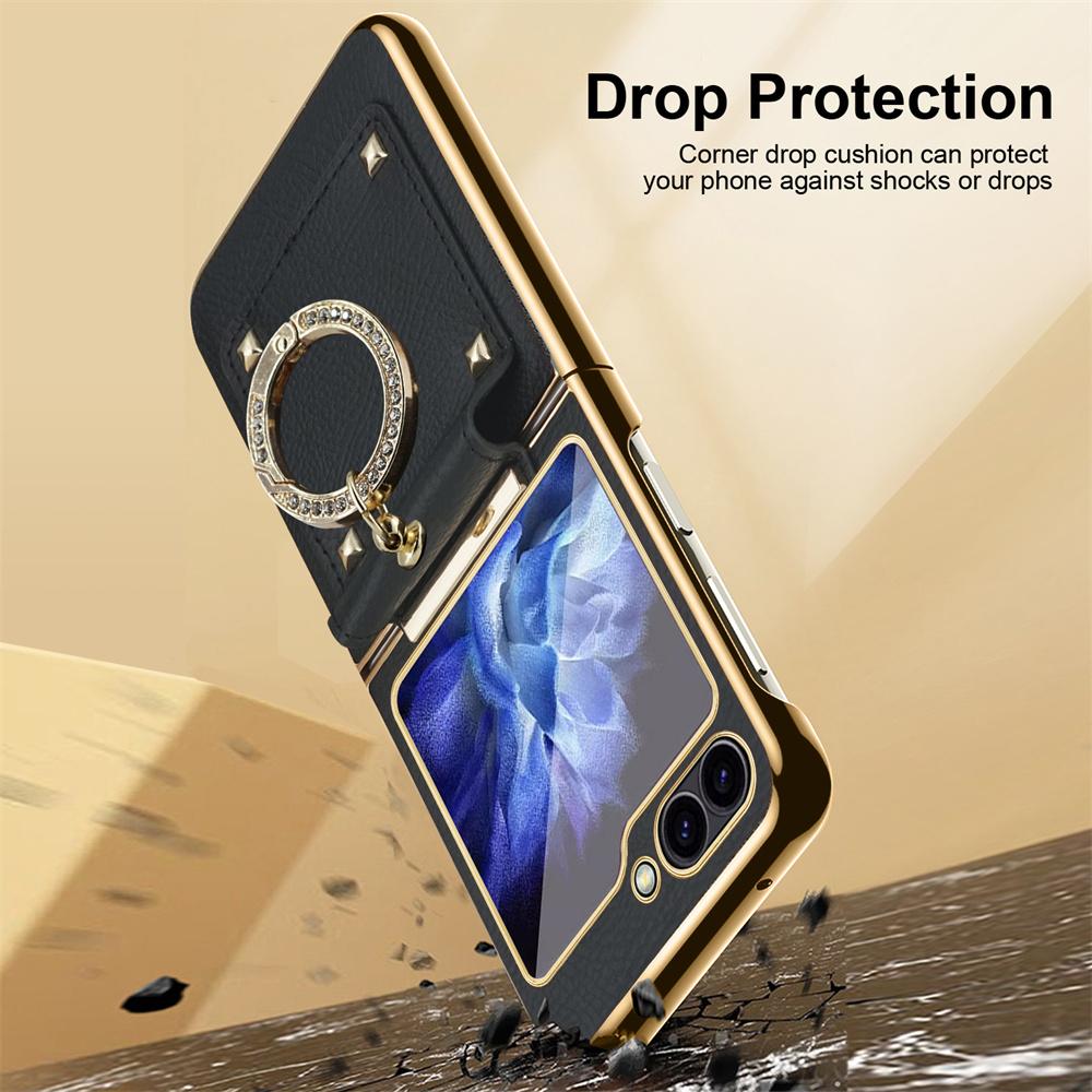 Glitter Diamond Rings Leather Plating Phone Case for Samsung Z Flip 6 5 4 3 Flip6 Flip5 Luxury Shockproof Protective Back Cover
