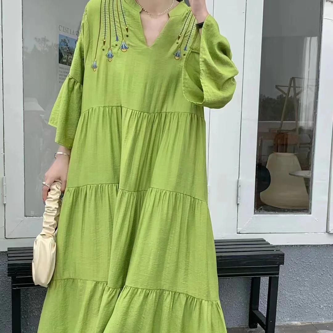 

Clothland Женское Элегантное Вышитое Платье V-образный Вырез Расклешенные Рукава Свободный Стиль Цельный Ретро Миди Платья One Size зелёный