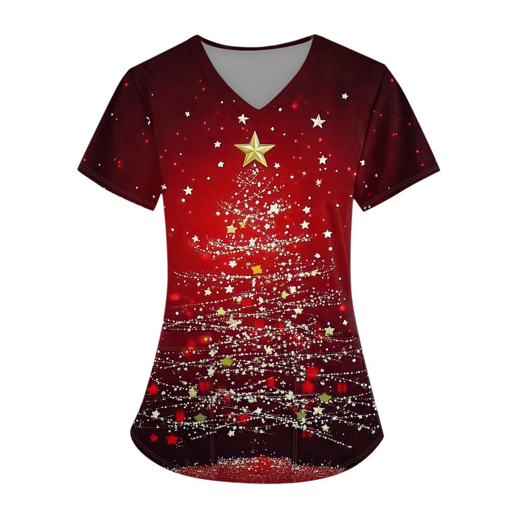 Hauts d'uniforme de travail imprimés grande taille pour femmes, col en V croisé, imprimé Halloween, manches courtes, t-shirts amusants, t-shirts de travail avec poches