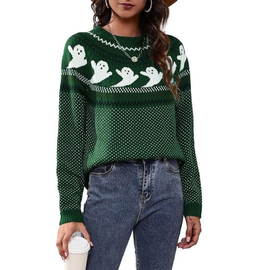 Damski sweter jesienno-zimowy nadruk z duchem kreskówkowym z długim rękawem drążony styl Halloween wokół szyi dzianinowy gruby miękki sweter dopasowany kolorystycznie