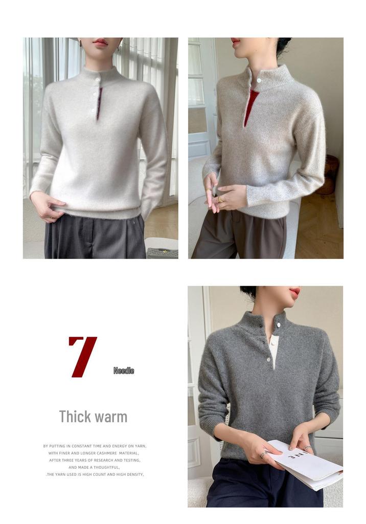 Baby Plush Autumn/Winter Soft Cashmere Color Block Knit Sweater - Women's Warm Button-Up Half-High Neck Base Layer.