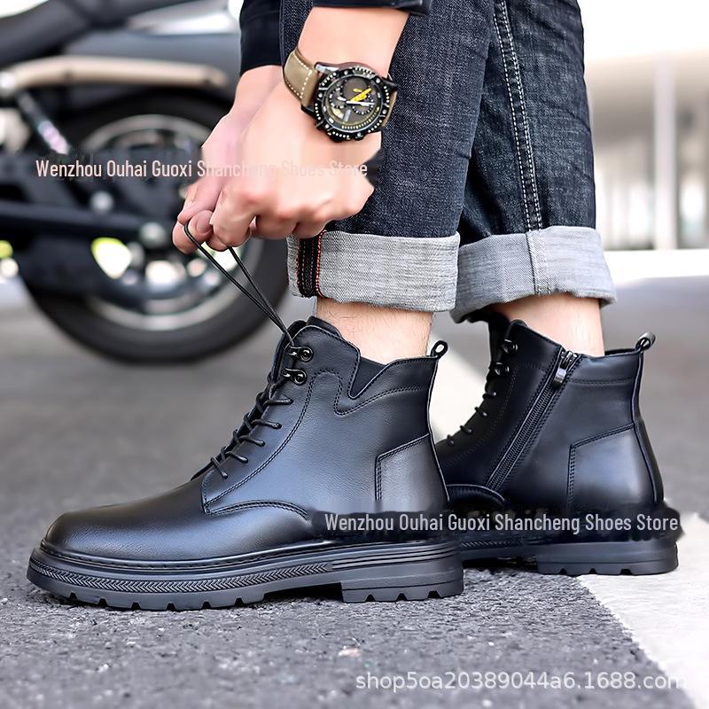 Men's Genuine Leather Martin Boots: Autumn/Winter Velvet-Lined Workwear Style.