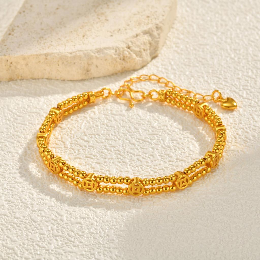 24K PVD Gold Plated Bracelets for Women, Beaded Strand Beads Ball Adjustable Stackable Bracelet, Fashion Party Wedding Jewelry