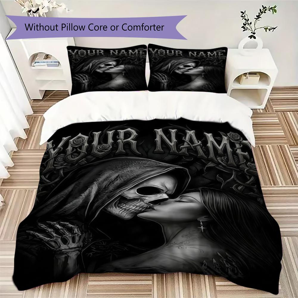 Custom Name Pink Angel Skulls Bedding,Quilt Set Quilt Cover Pillowcase Home Birthday Gift(1 * Duvet Cover + 2 * Pillowcase, Without Core)_lx