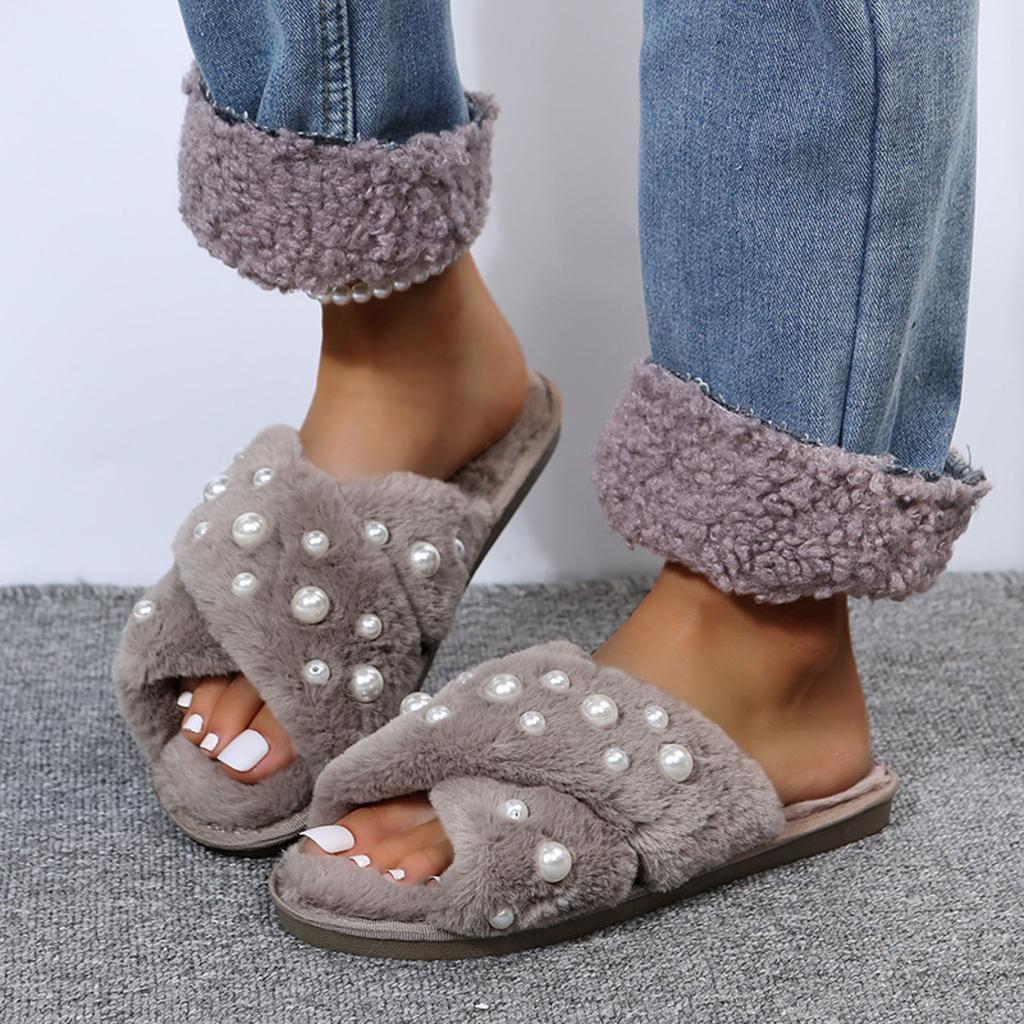 Ladies Furry Slippers Women Flat Bottom Home Indoor Slippers Warm Pearl Floor Furry Slippers Cotton Holiday Slippers for Women