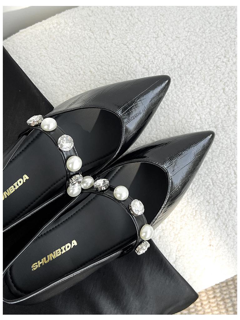 Spring & Autumn Beaded Strap Pointed Toe Mary Jane Shoes for Women