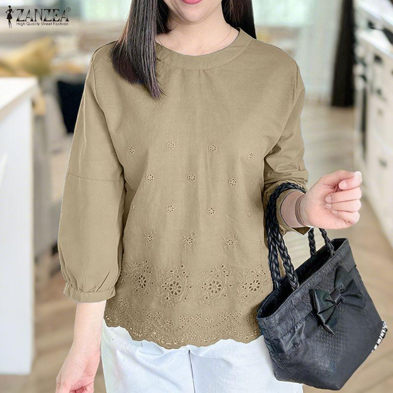 ZANZEA Blusa da donna casual con scollo rotondo, manica a 3/4, patchwork all'uncinetto
