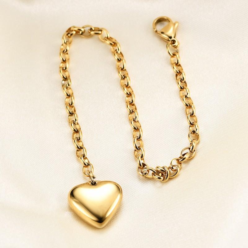 Minimalist Stainless Steel Heart Charm Bracelet Women O-Link Chain Gold Or Tone Fashion Daily Wear