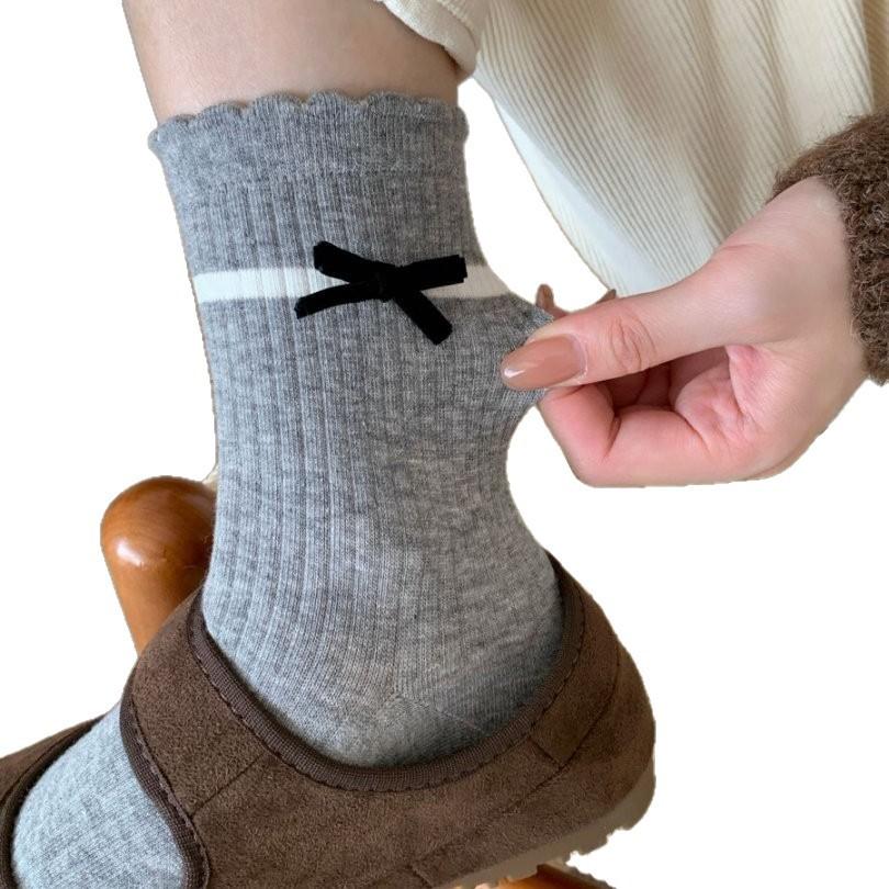 Herbst- und Wintersocken: Damen graue knochenlose Socken, Damen mittelhohe Socken, Schleife, schwarzer Ohrrand, Plüschsocken