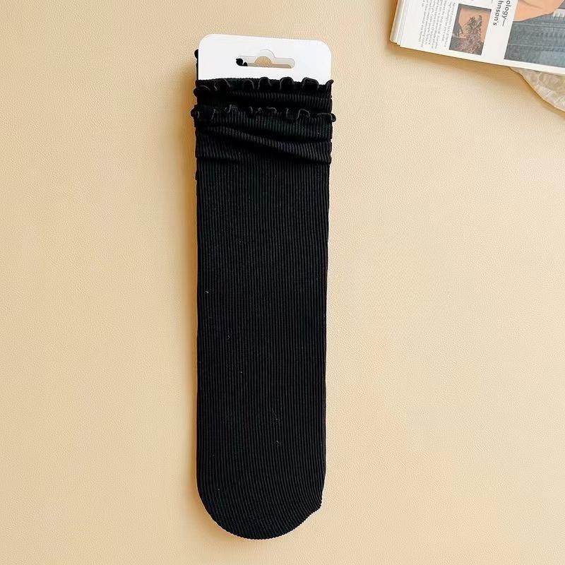 Female Summer Thin Wooden Ear Edge High Elastic Loose Mouth Ice Ice Pile Socks