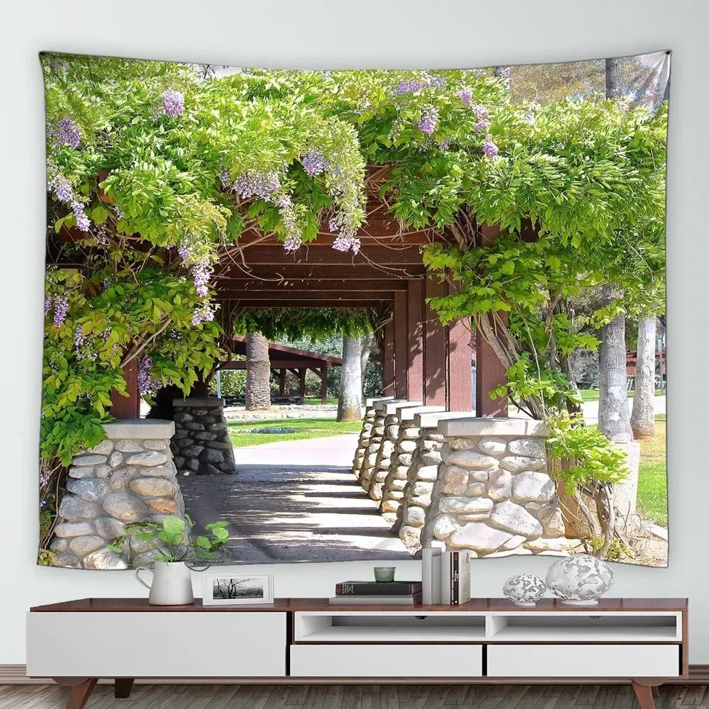 Home Decor Wall Hanging Tropical Garden Landscape Tapestry Waterfall Flower Tree Vintage Brick Vine Plant Park Natural Scenery