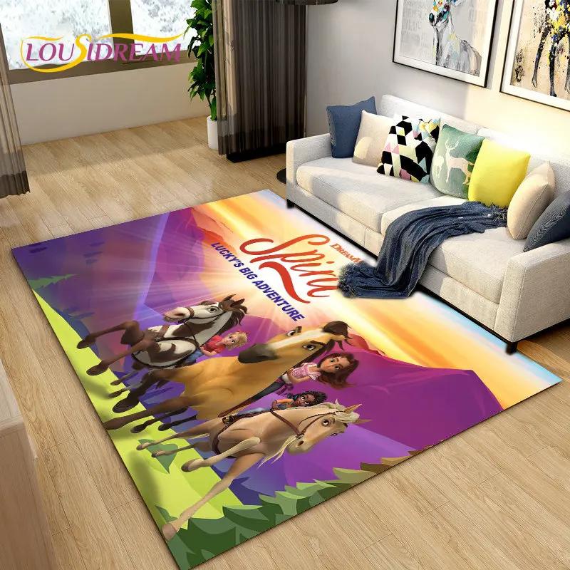 Cartoon Spirit Riding Free Horses Area Rug,Carpet Rug for Living Room Bedroom Sofa Doormat Decoration, Kids Non-slip Floor Mat