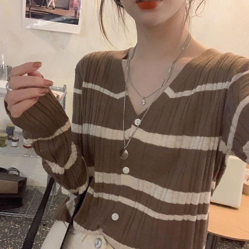 Women's Spring Outer Wear Color Block Striped Knit Cardigan Sweater Coat Slim Short Long-sleeve Top