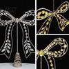 Indoor Festive Window Ornament Iron Bow Christmas Tree Topper, Gold Rhinestone Hollow-Cut Metal Light Luxury Holiday Party Decor with Spiral