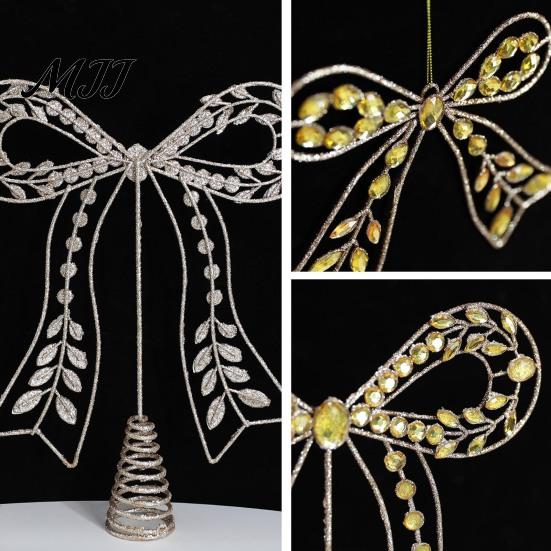 Indoor Festive Window Ornament Iron Bow Christmas Tree Topper, Gold Rhinestone Hollow-Cut Metal Light Luxury Holiday Party Decor with Spiral