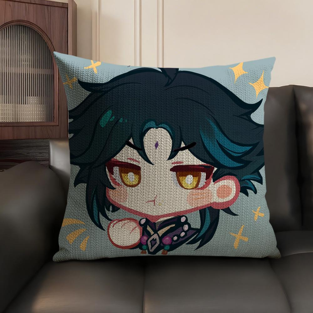 Xiao Cute Genshin Impact Cushion Cover Natural Linen Organic Fabric Double-Sided Printing Sofa Home Decor Gift Pillow Case
