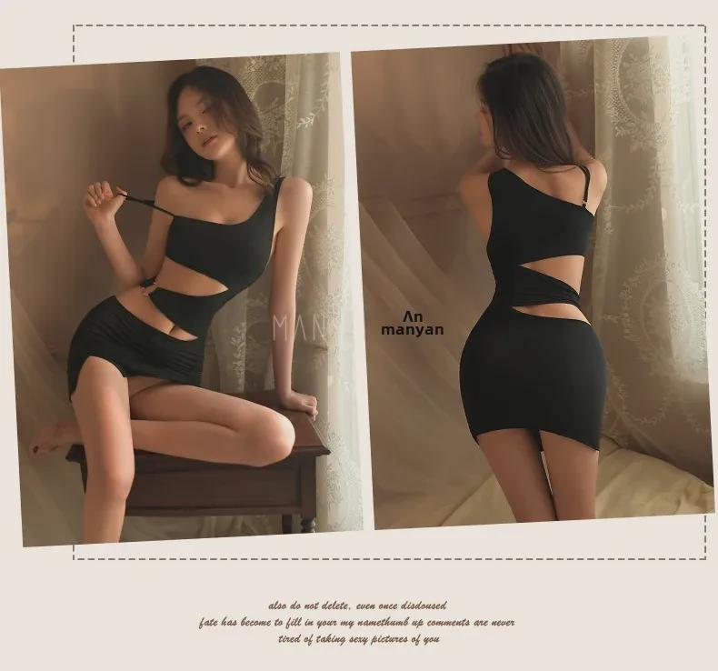 Manyan Sexy Lingerie: Oblique Shoulder Suspender Dress with Slit - Nightclub Secretary Style