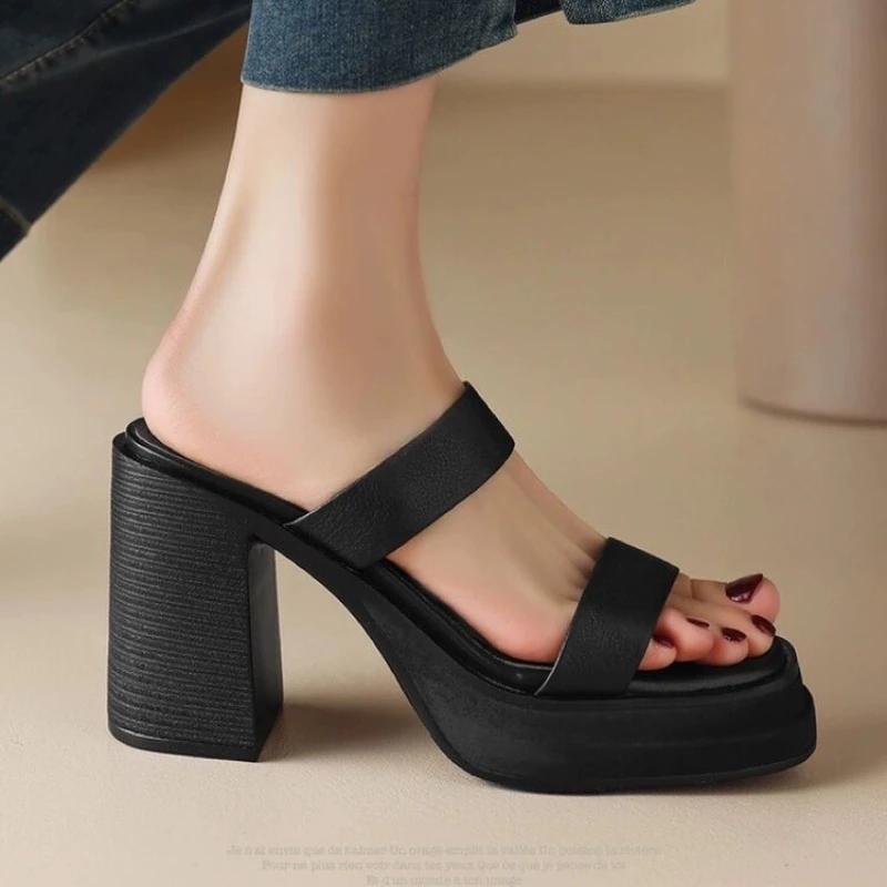 Ladies Square Toe Platform Block High Heels Slide Ladies Fashion Casual Slippers Summer Spring 40