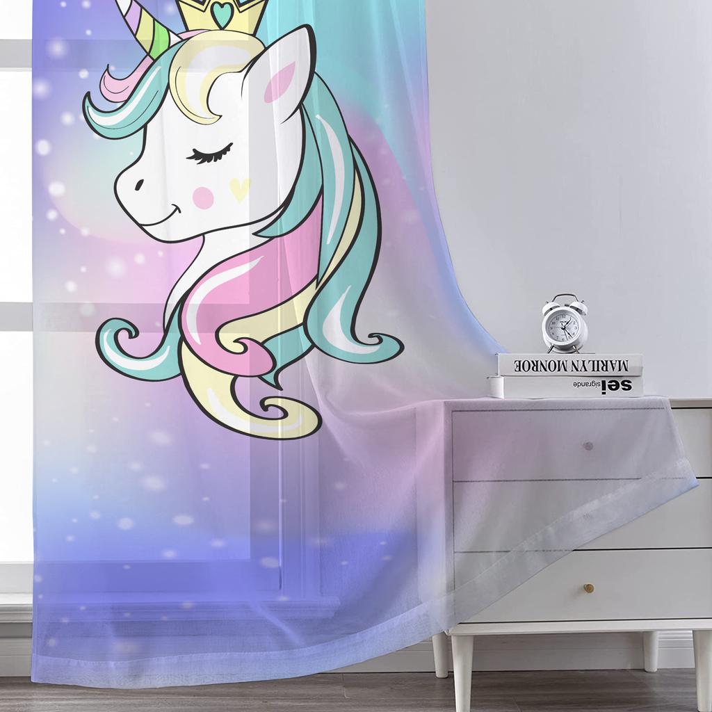 Perdele din tul cu unicorn din desene animate pentru sufragerie, decor dormitor, stea, cu flori, curcubeu, draperii transparente, tratament pentru fereastră de bucătărie