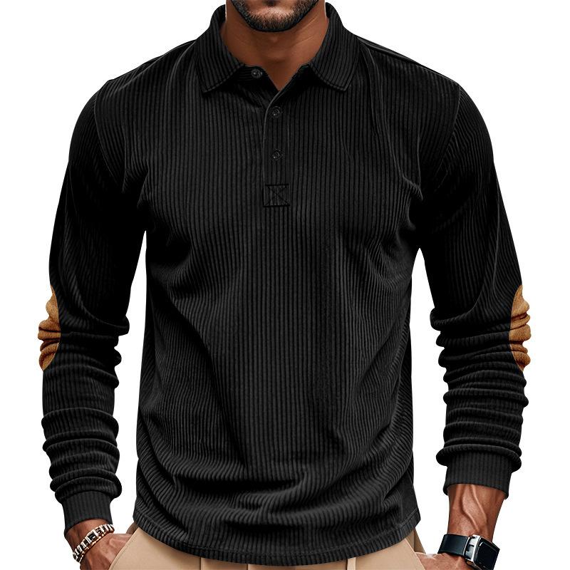 Fashionable Men's Spring/Autumn Corduroy Vintage Loose-Fit Casual Outdoor Long-Sleeved Patchwork Polo Undershirt