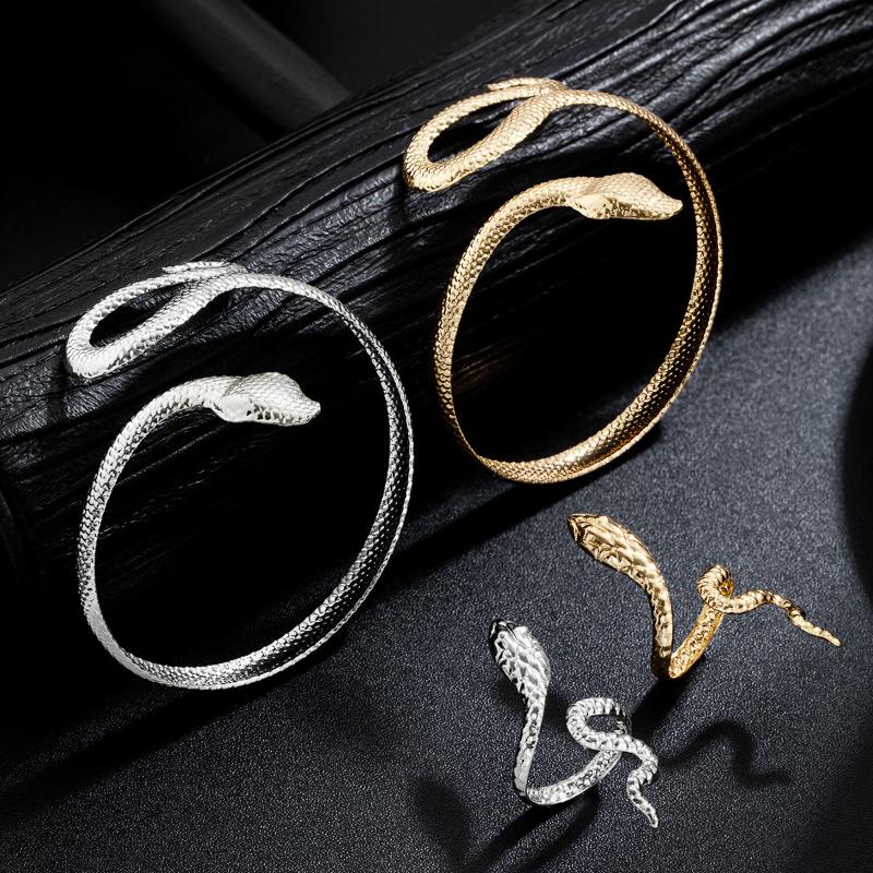 2Pcs Punk Snake Shaped Bracelets Ring Jewelry Set Spiral Snake Opening Bracelets Finger Rings Female Male Hand Jewelry