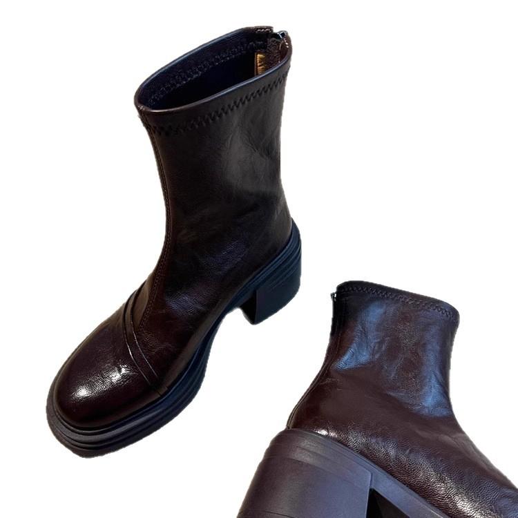 French skinny boots thick heel short boots women's winter new black small British thick-soled high-heeled Martin boots