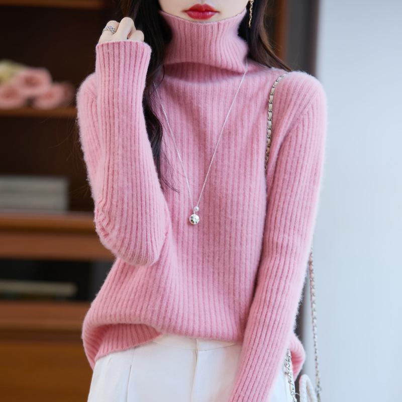 Women's Pure Wool High Neck Ribbed Sweater - Autumn/Winter Versatile Knitwear