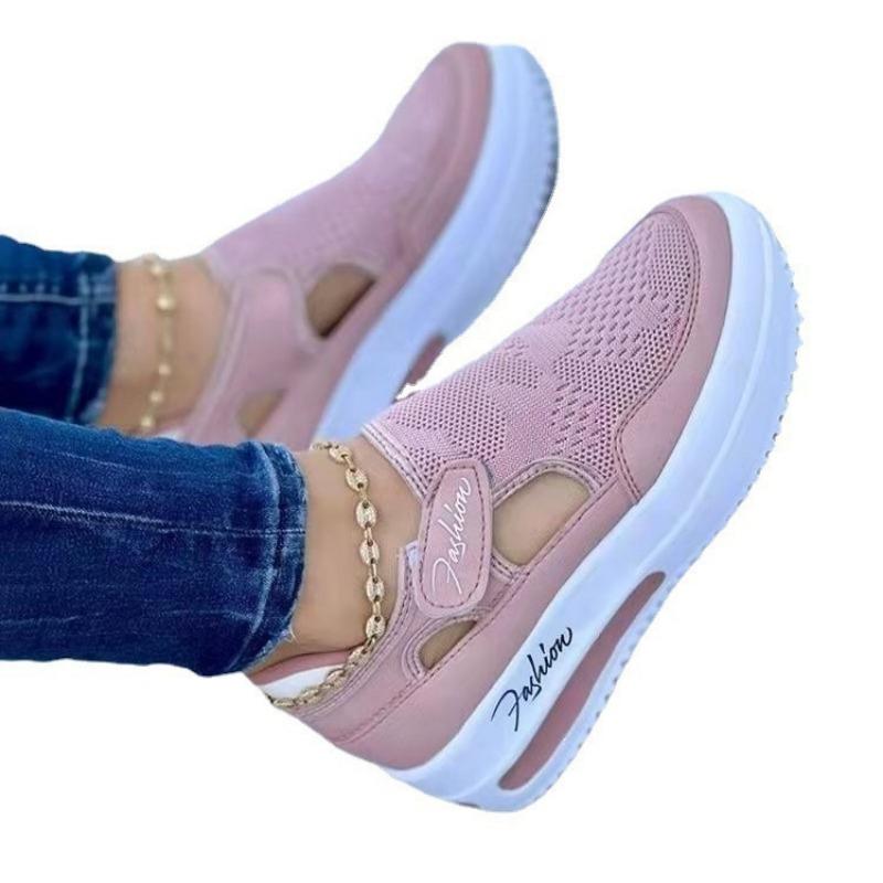 Summer Large Size Fly-woven Breathable Casual Single Shoes Thick-soled Hollow Velcro Low-top Women's Single Shoes
