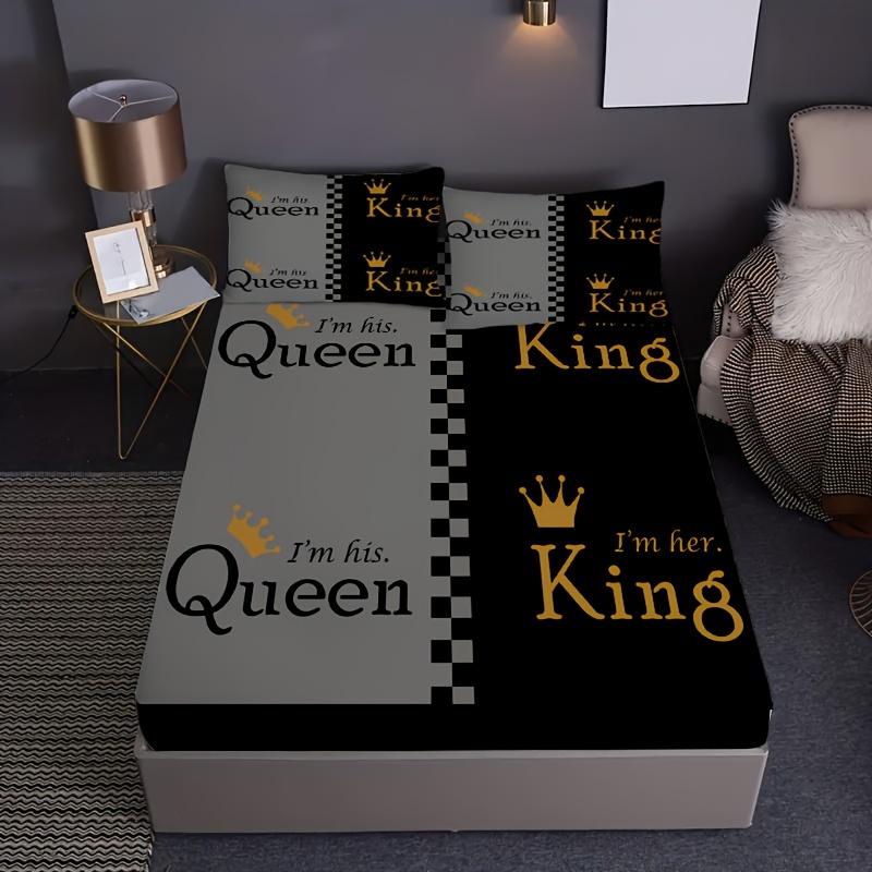Queen King Golden Crown Couple Print Fitted Sheet Set 1* Fitted Sheet+2*Pillowcases Mattress Cover Soft Breathable Bedding Set