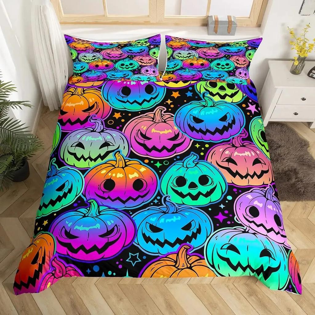 Halloween Duvet Cover Set Gothic Spooky Bedding Sets,Pumpkin Lantern Comforter Cover Horror Ghost Witch Hat Cat Bat Quilt Cover