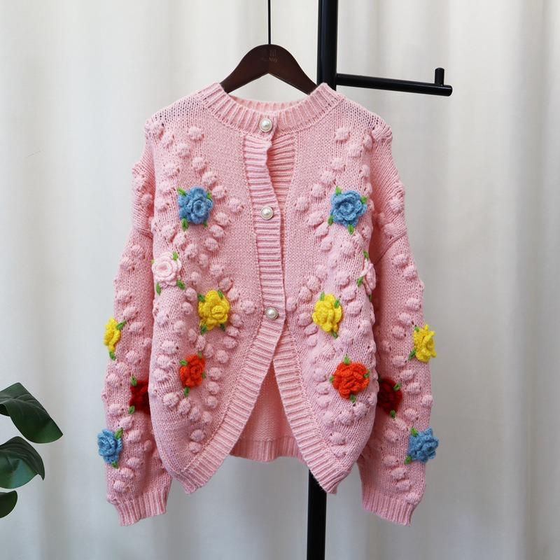 

Тяжелая промышленность трехмерный цветочный свитер куртка женская 2025 осень и зима новая корейская версия свободный дизайн нишевый вязаный кардиган one size fits all розовый