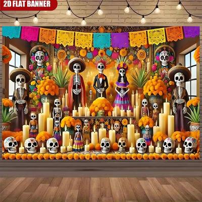 2D Mexican Day of the Dead Backdrop Skeleton Family & Marigold Party Background
