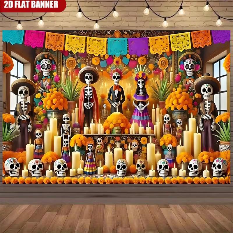 

2D Mexican Day of the Dead Backdrop Skeleton Family & Marigold Party Background 47.2x31.5inch/120*80cm