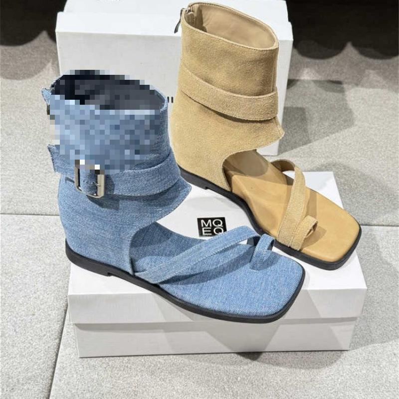 

Summer new retro square head cover toe wedge heel high-top boots summer women s Roman sandals outside casual wear 35 джинсовий синього кольору