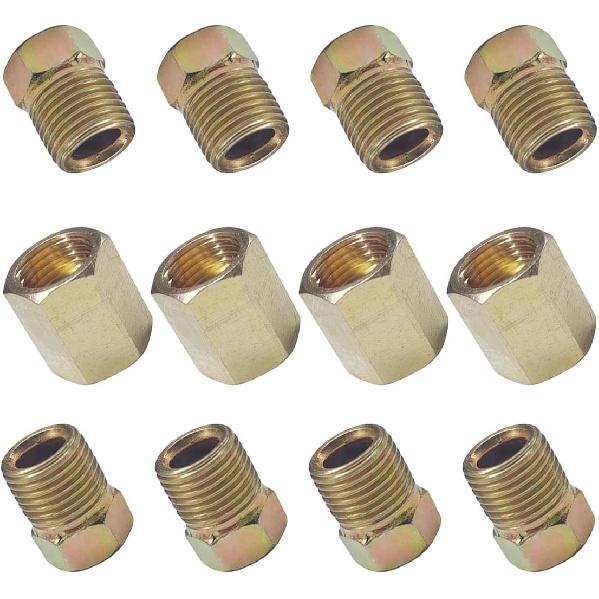 12PCS 3/8 Inch-24 Threads Brake Line Fittings Assortment - Brass Brake Line Inverted Flare Fittings Kit Include 4 Unions and 8 Nuts for 3/16 Inch
