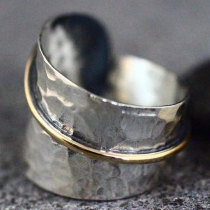 1-piece Vintage Silver Color Pleated Ring, Paired with A Gold Color Line Vortex Ring, Women's Bohemian Accessory Gift